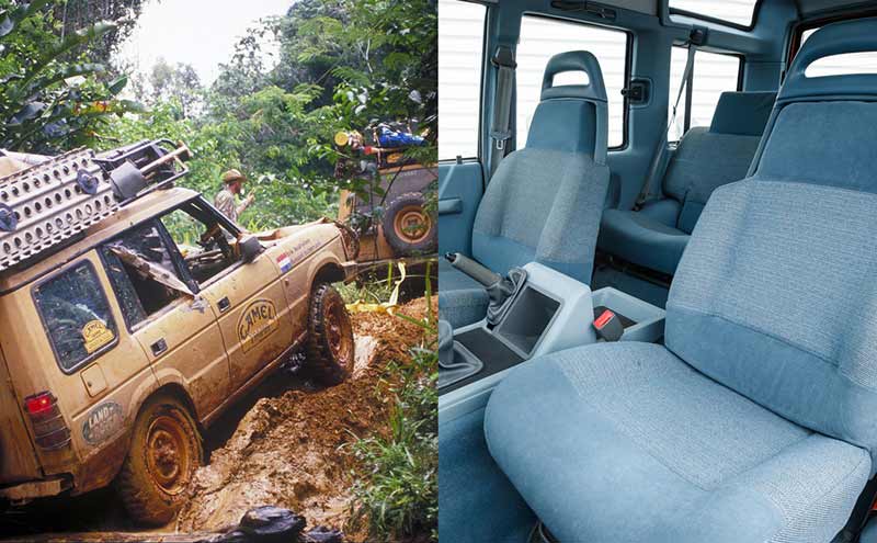 Land Rovers going through mud / Discovery I interior photo